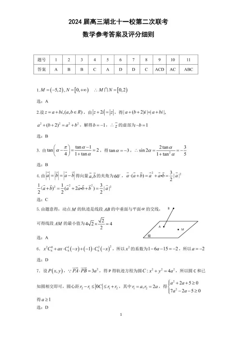 2024年湖北高考數(shù)學(xué)聯(lián)考試卷及答案 (7)